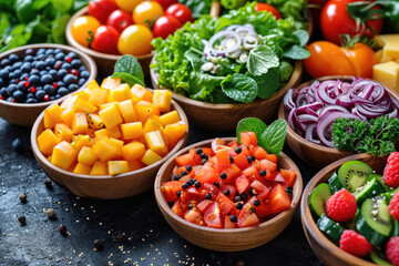 Mesa con Ensaladas y Frutas Coloridas, ecológicas y sostenibles, alimentación saludable