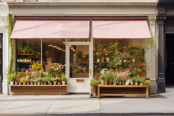 Quaint local florist's storefront adorned with colorful blooms on a city sidewalk. - obrazy, fototapety, plakaty