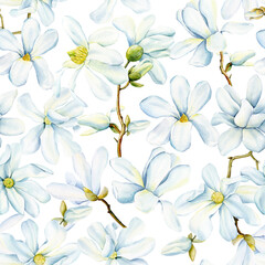 Fototapeta na wymiar White magnolia flowers floral watercolor background. Beautiful magnolia flower hand drawn illustration Seamless pattern.