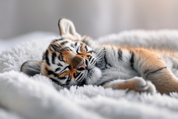 photo of a cute little tiger cub sleeping on a white blanket, copy space