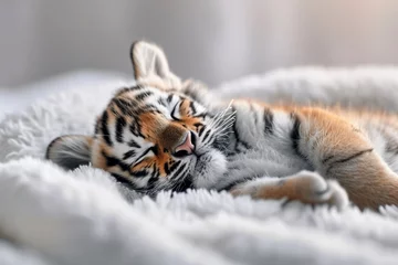 Zelfklevend Fotobehang photo of a cute little tiger cub sleeping on a white blanket, copy space © Iulia