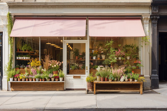 Quaint local florist's storefront adorned with colorful blooms on a city sidewalk.