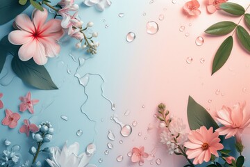 Obraz premium peachy and blue background with flowers and drops of water, summer background. place for the text