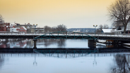 Winter landscape along the Magog River on a January day, Quebec, Canada