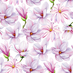 Spring magnolia flowers floral watercolor background Seamless pattern. Beautiful magnolia flower hand drawn illustration
