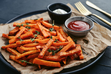 Sweet potato fries with mayo and ketchup