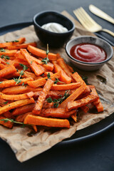 Sweet potato fries with mayo and ketchup