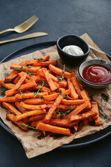 Sweet potato fries with mayo and ketchup