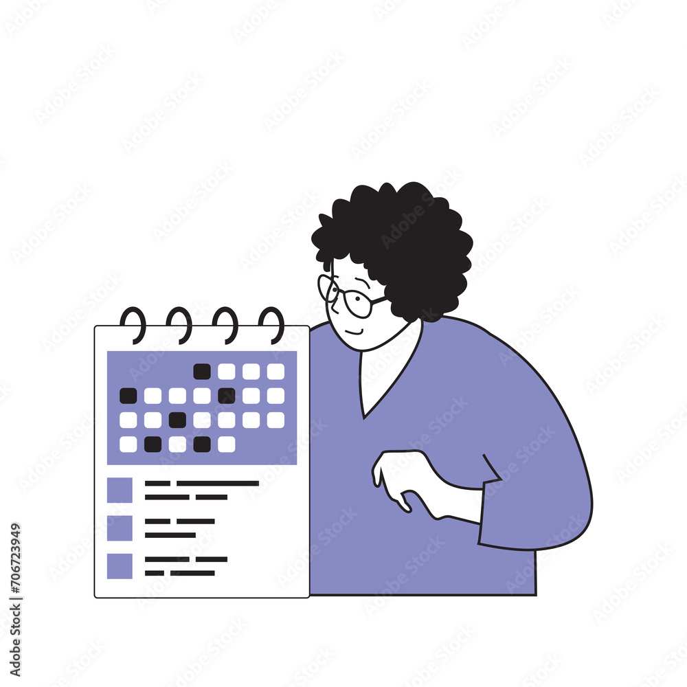 Poster Teamwork concept with cartoon people in flat design for web. Woman targeting and setting goals at list and planning with calendar. Vector illustration for social media banner, marketing material.