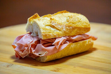 bread with traditional mortadella in selective focus and fine details
