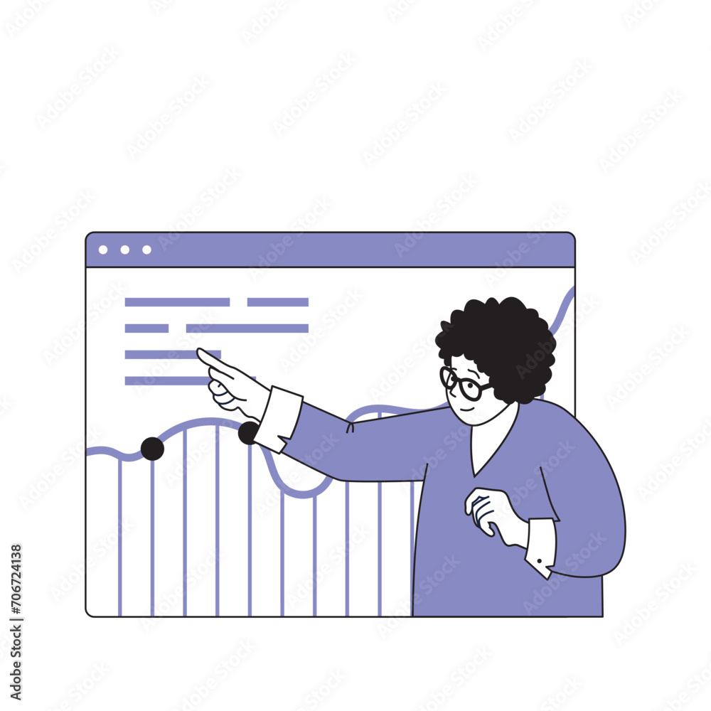 Poster teamwork concept with cartoon people in flat design for web. woman analysing financial data at graph