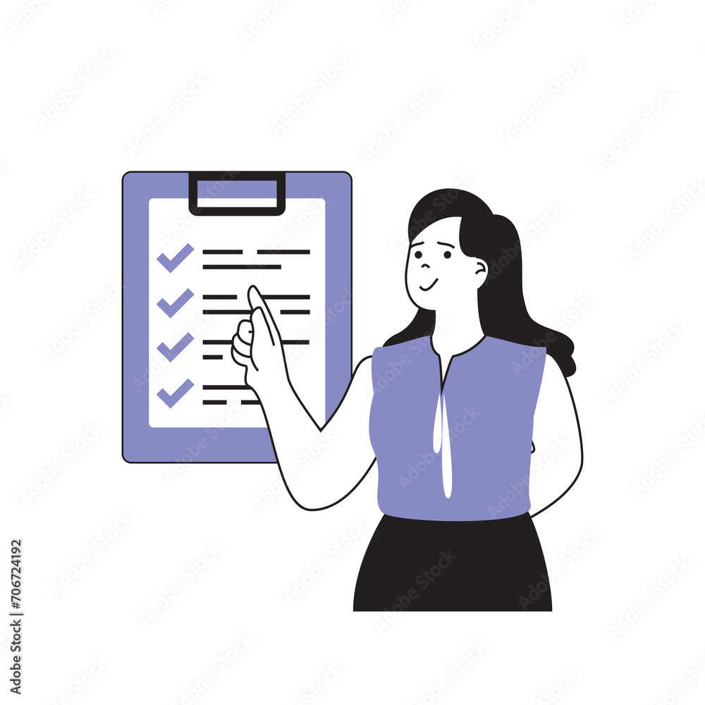 Poster teamwork concept with cartoon people in flat design for web. woman making work plan with tasks in sc