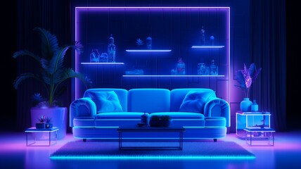Futuristic luxury blue neon lighting living room interior design picture