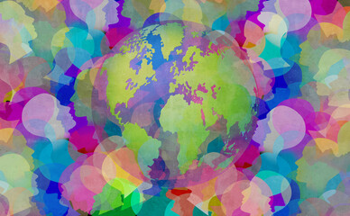 Global culture background and international people united together as a crowd of diverse population from all countries of the earth representing world community or immigration. - obrazy, fototapety, plakaty