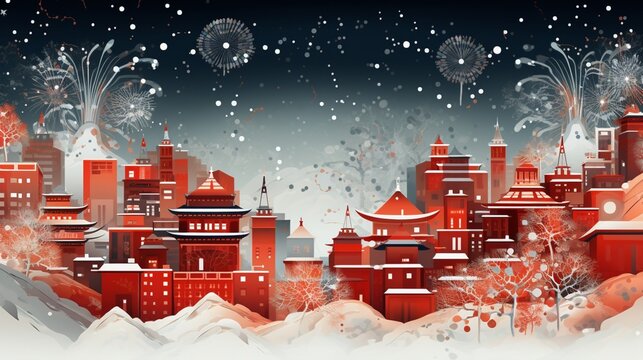 Futuristic japanese winter traditional pink city illustration AI Generated Image