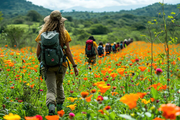 Ecoturismo: Escenas de viajes sostenibles y respetuosos con el medio ambiente aventureros mochileros haciendo travesía por la serva en un entorno natural privilegiado