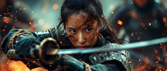 A war hardened female Samurai is leading the charge across a fiery landscape on the battlefield.