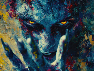  Ilustración abstracta artística terrorífica hombre azul colorido sufriendo