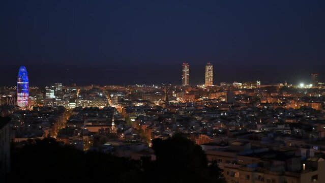  Night view of Barcelona Skyline, Spain. High quality 4k video.