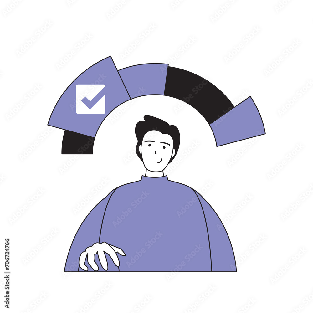 Poster teamwork concept with cartoon people in flat design for web. man managing tasks, working by checklis
