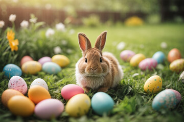 Fototapeta na wymiar easter bunny with easter eggs in the garden