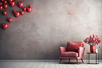 Modern Interior with Red Heart Balloons and Armchair