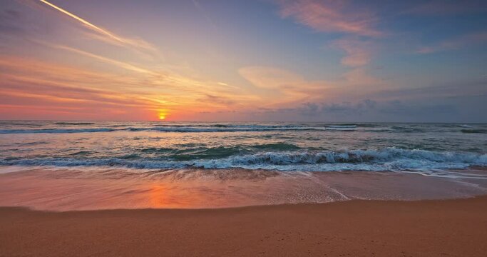 ocean beach sunrise over sea horizon, sunset over ocean waves 4k video