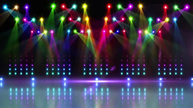Animation of purple flare over coloured spotlights and empty stage