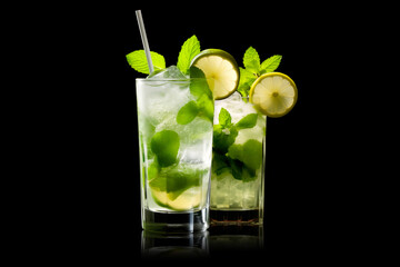 Set of Mojito cocktails, garnished with fresh mint and a slice of lime in a tall glass
