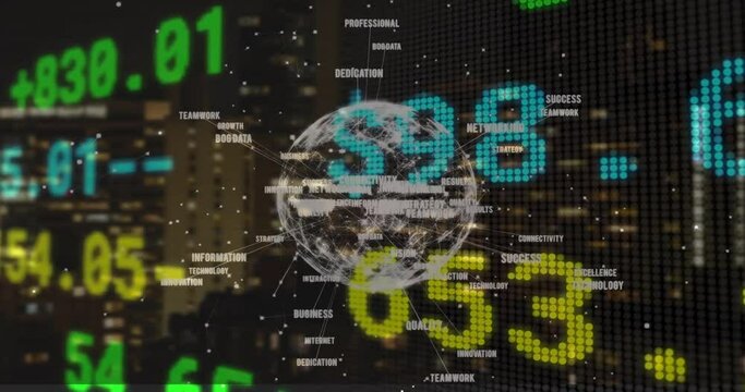 Animation of financial data processing over globe