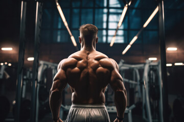 The back view of a muscular man in a workout tank top, poised for exercise in a dimly lit gym environment. - obrazy, fototapety, plakaty
