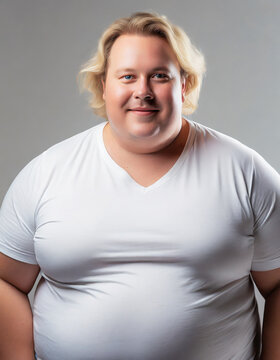 ritratto uomo biondo grasso obeso con maglietta bianca 