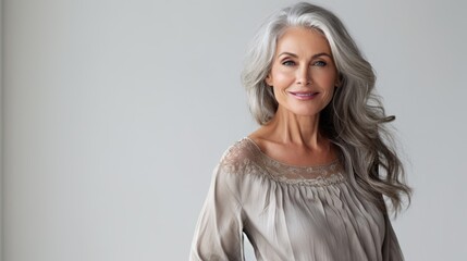 elegant 60 years old woman in grey hair, ai - obrazy, fototapety, plakaty