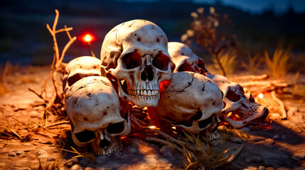Pile of skulls sitting on top of pile of dry grass next to street light.