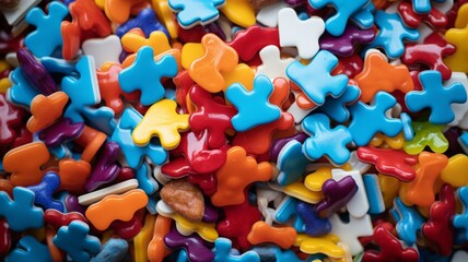 Fototapeta na wymiar A surreal snapshot of jigsaw puzzle pieces made entirely of candy, forming a vibrant and delicious mosaic-Generative Ai