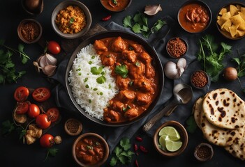 Spicy curry meat food with rice and naan bread on a dark background Chicken tikka masala 