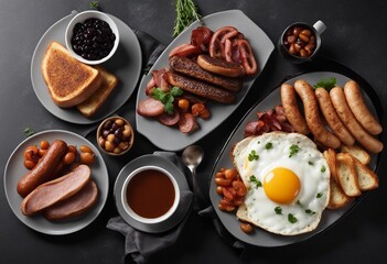 English breakfast with fried eggs, sausages, bacon, black pudding beans, and toasts on gray background