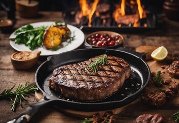 Fototapeta premium Grilled Ribeye steak entrecote on a dark grill pan