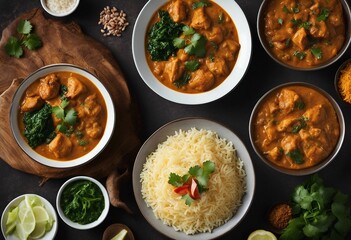 Indian food Curry butter chicken Palak Paneer Chiken Tikka Biryani Vegetable Curry Papad Dal Palak Top View