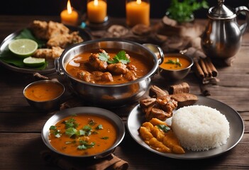 Indian food Thai Indian-style meal with chicken meat and Masala tea Chai on wooden table