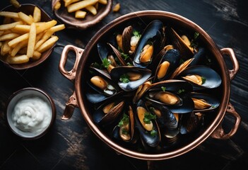 Fototapeta premium Mussels in copper cooking dish and french fries on dark wooden board
