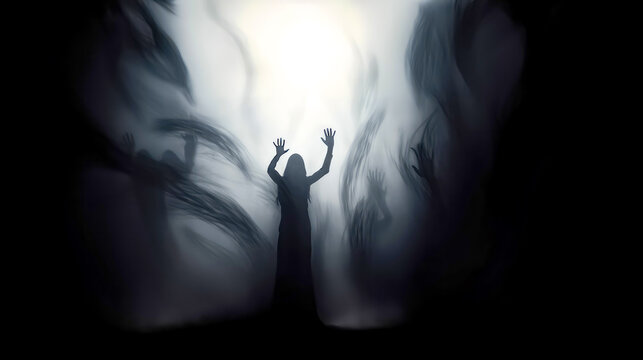 Person standing in foggy forest with their hands in the air.