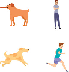 Dog trainer icons set cartoon vector. Pet owner teaching command to dog. Cynologist, trainer, handler