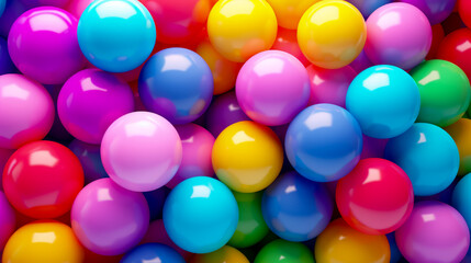 Bunch of colorful balls are in ball pit for background or wallpaper. - obrazy, fototapety, plakaty