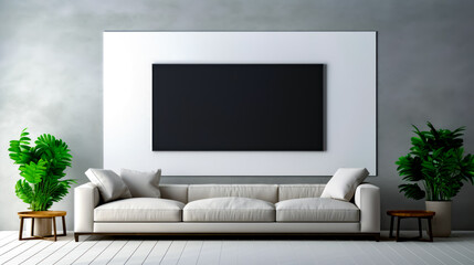 Living room with white couch and black picture on the wall.