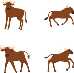 African buffalo icons set cartoon vector. Cartoon buffalo animal. Nature, fauna, environment
