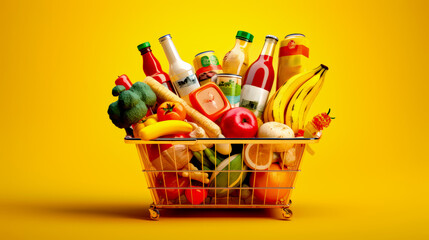 Shopping basket filled with lots of different types of food and drinks on yellow background.
