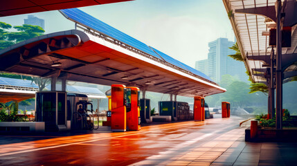 Row of orange gas pumps sitting next to each other on street.