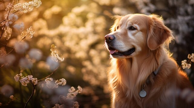 Golden retriever dog sitting bokeh flowers garden picture