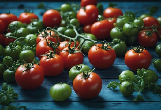 Fresh colorful red and green tomatoes on a blue wooden background